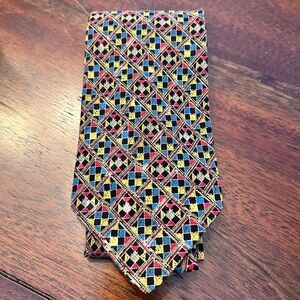 Brioni Tie Red Black Blue Yellow Geometric 60” Italian Luxury Silk
